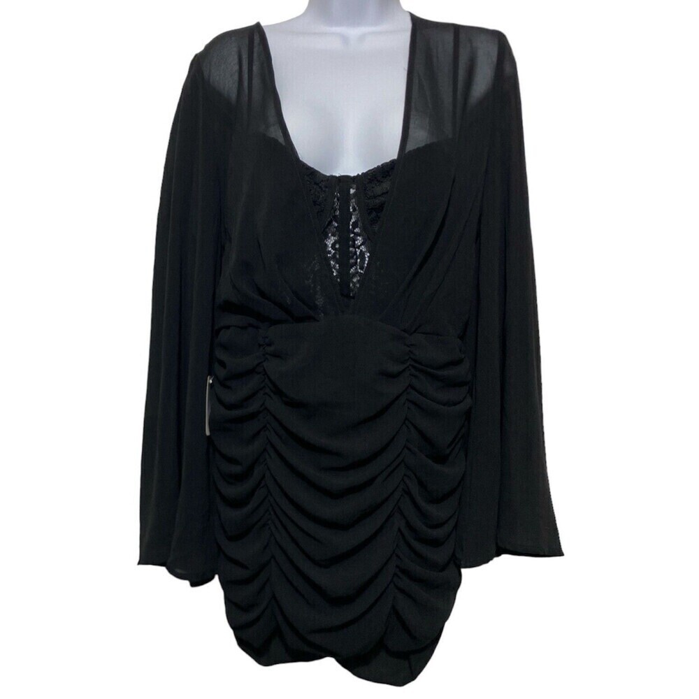 Runaway Ania Mini Dress Size M Black Lace Bustier Top Ruched Skirt Bell Sleeve